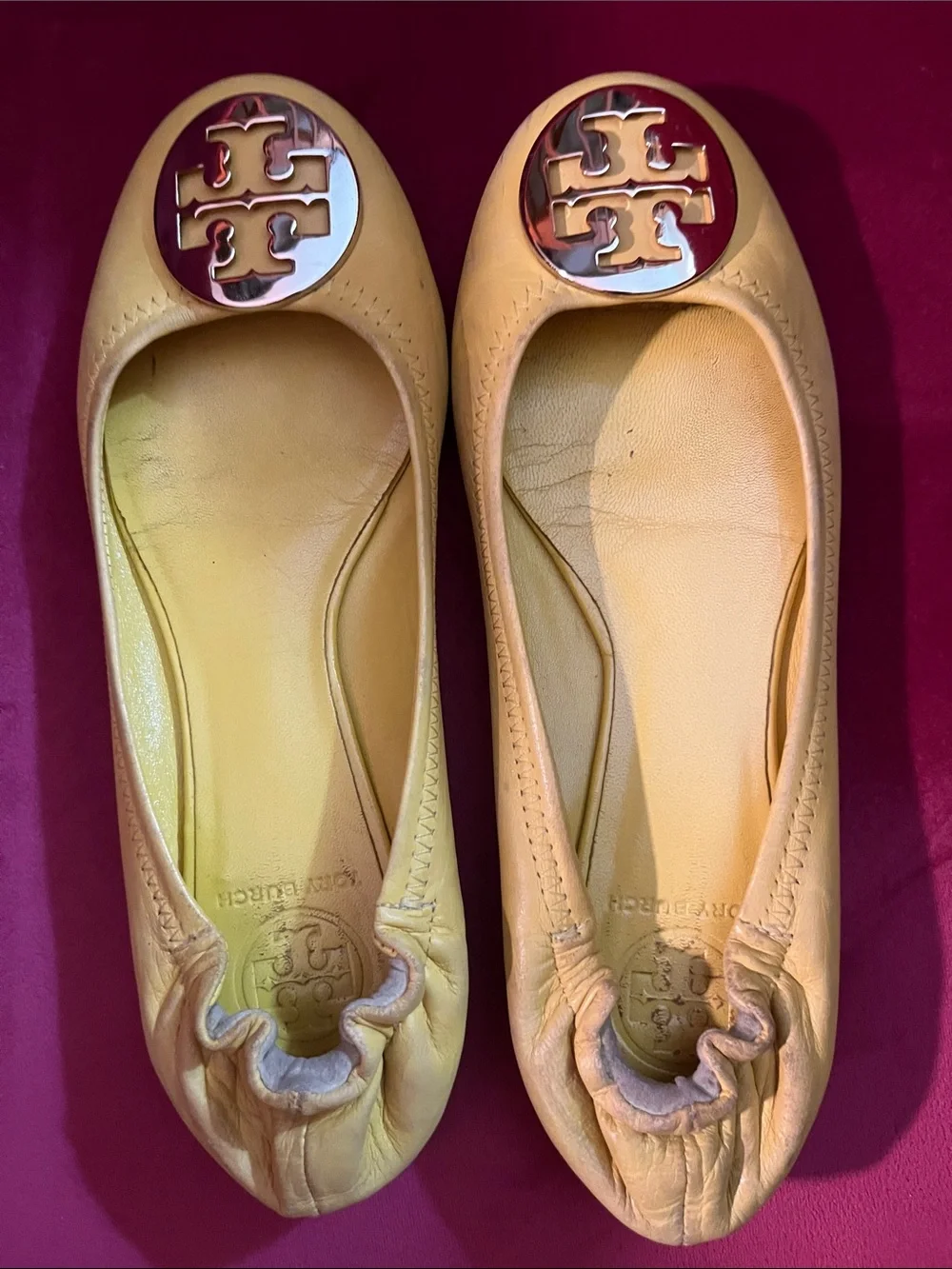 Tory Burch Yellow Leather Logo Ballet Flats